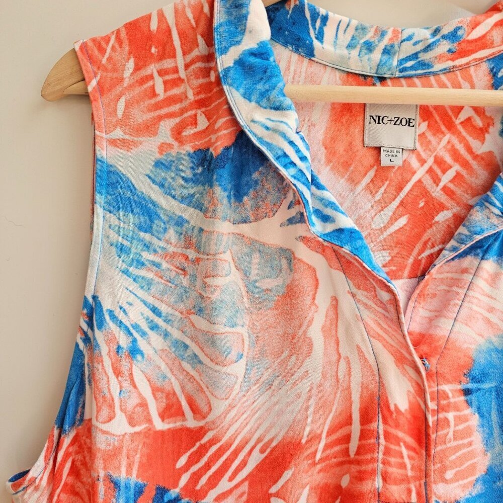 Nic+Zoe Watercolor Blooms Dress, Sleeveless Tropical Print Size Large Blue/Coral - Picture 6 of 10